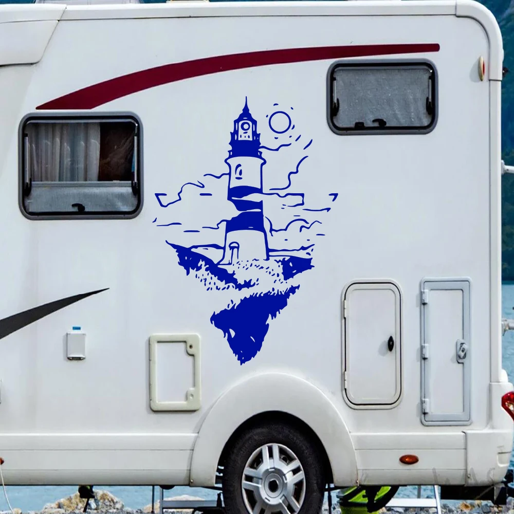 Lighthouse Mountain Car Sticker Door Body Side Adventure Explore Travel Camper Rv Car Decal Auto Vehicle Vinyl Decor