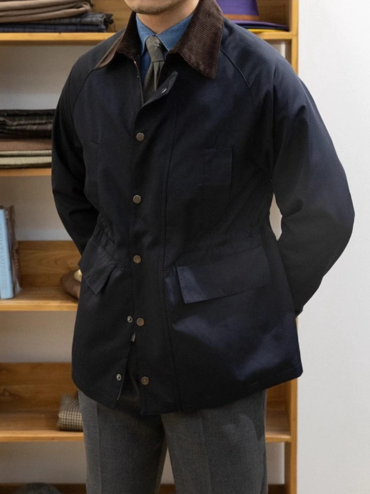 

Винтажная охотничья куртка-тренч для мужчин, осень-зима, темно-синее вельветовое пальто со вставками, уличная куртка с несколькими карманами в британском стиле на заказ