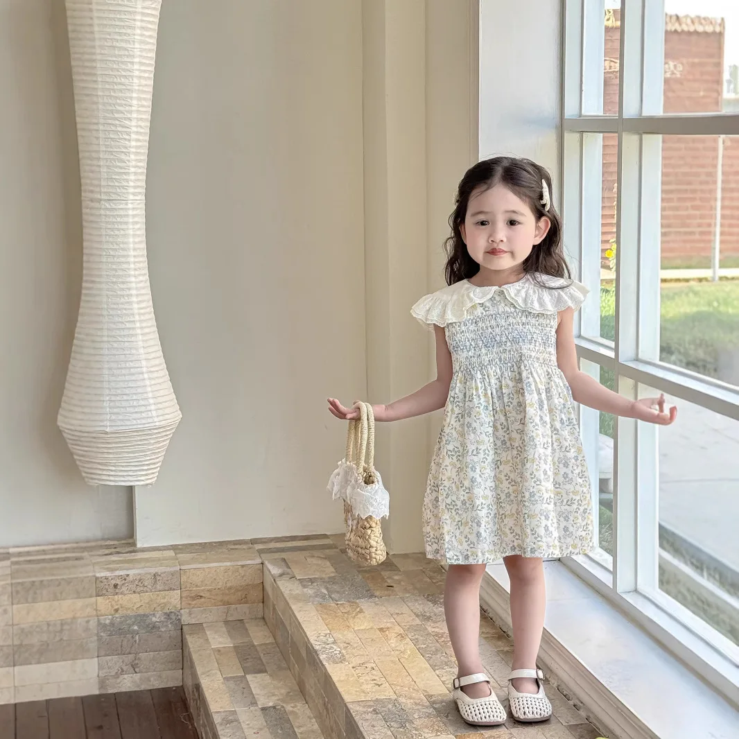 2026 Summer Girls' Pulling Overcoat Printed Tank Top Skirt Double layer Lace Collar Skirt