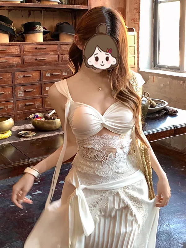 Set Dua Potong Wanita Musim Panas 2025 Tali Renda Tebal Seksi Panjang Dr Pure Desire Gadis Pedas Wanita Set Pameran Bahu V-Ne o...