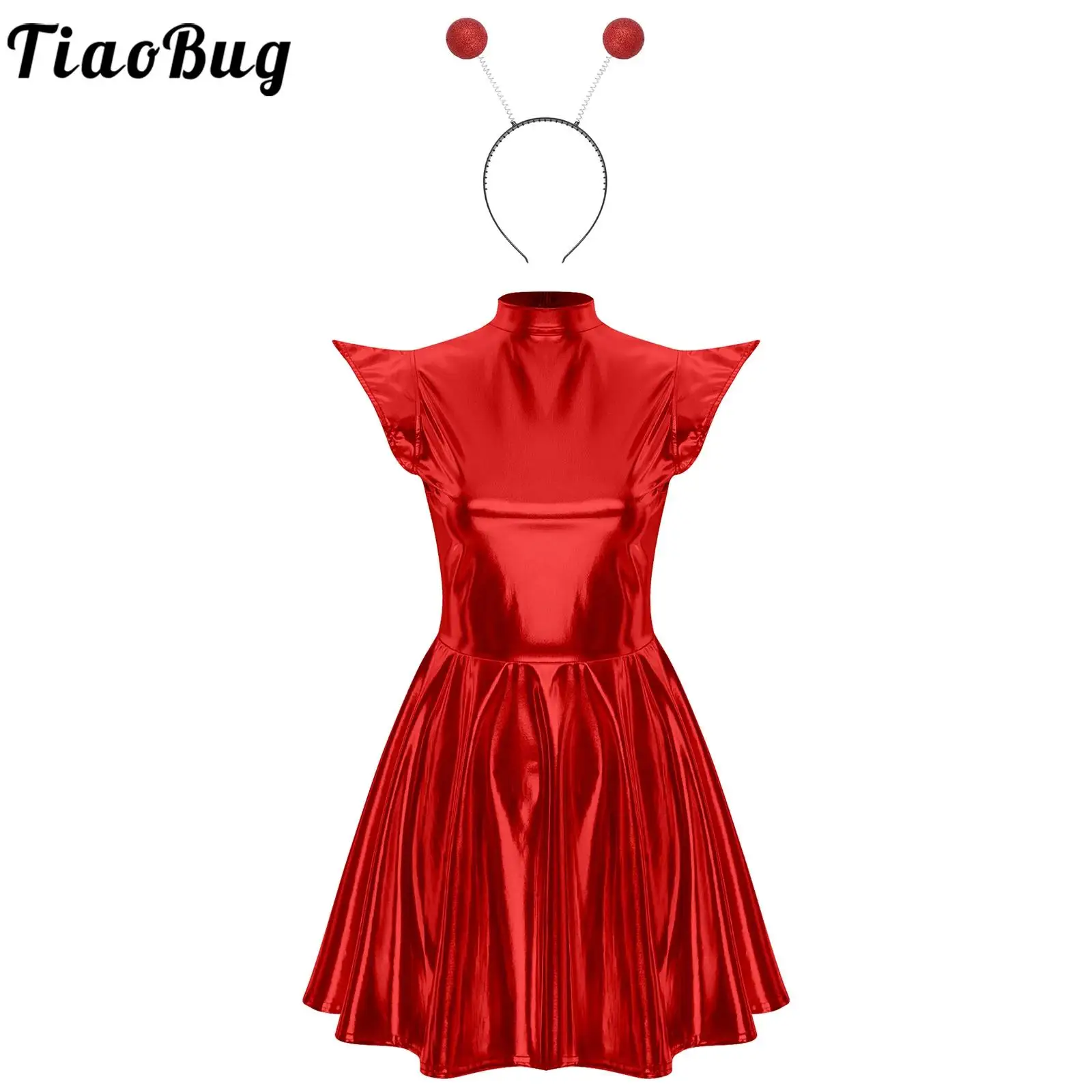 

Women Metallic A-line Dress And Antennas Ball Headwear for Halloween Party Raves Alien Robot Astronaut Performance Fancy Dresses