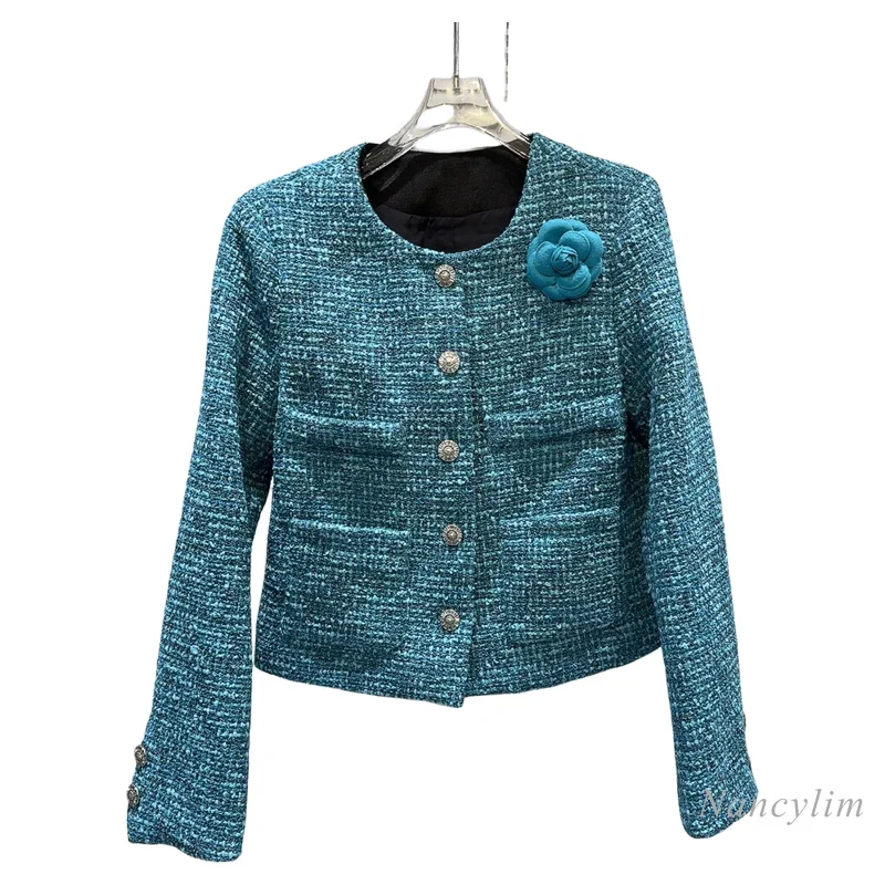 2024 Autumn New Chic Coat Woman Three-dimensional Flower Pin Rhinestone Buckle Tweed Temperament Short Blue Coats for Women