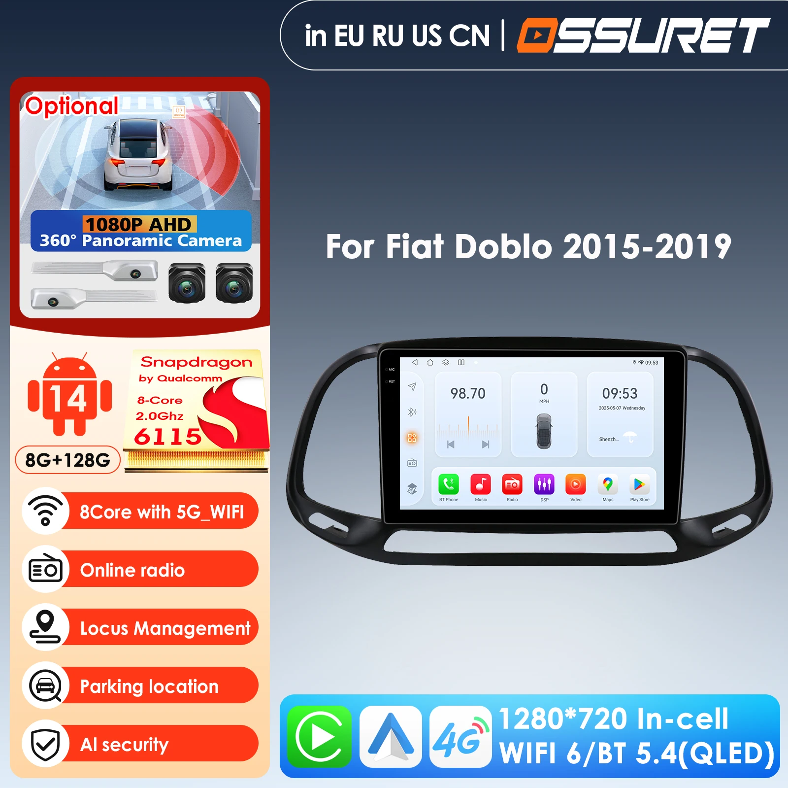 

9'' 10.33'' 6115 CarPlay 4G 2Din Android for Fiat Doblo 2015-2019 Car Radio Multimedia Player Autoradio Stereo AI Intelligent PC
