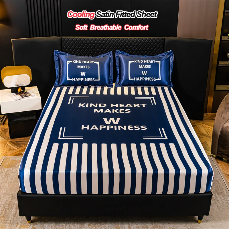 

Cooling Satin Fitted Sheet, Navy Blue Striped & Letter Print Ice Silk Bed Sheet with Deep Pocket, Wrinkle Resistant Breathable