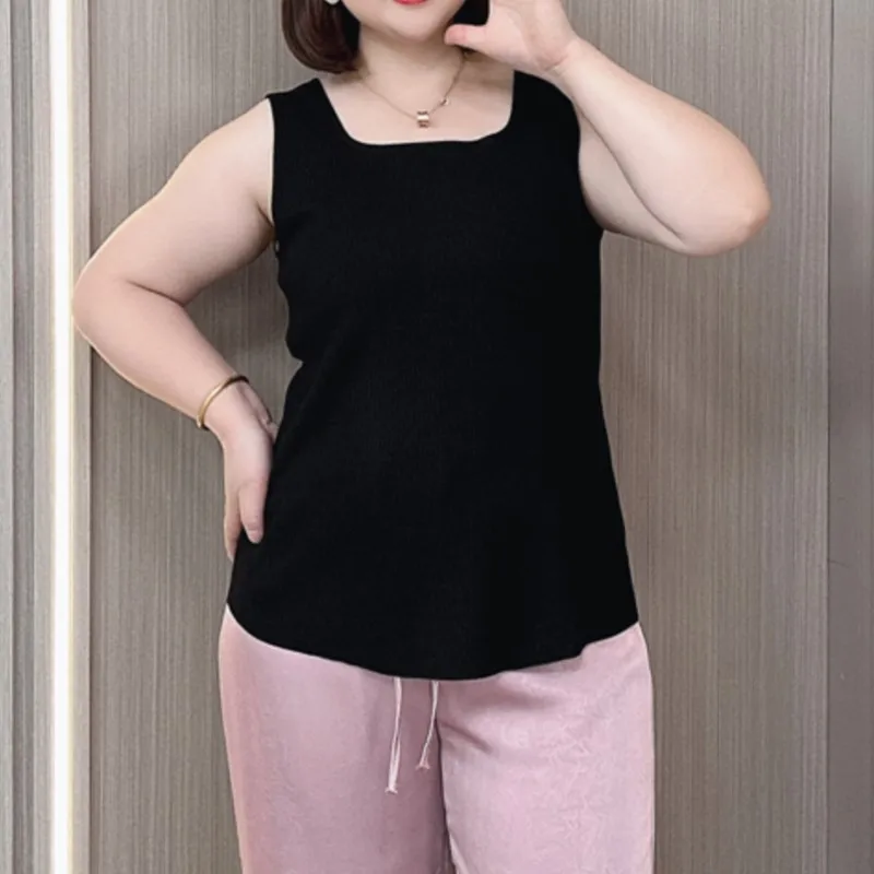 Plus Size Women's Tank Top Summer Knitted Ice Silk Square Collar 2024 New Stretch Thin Vest