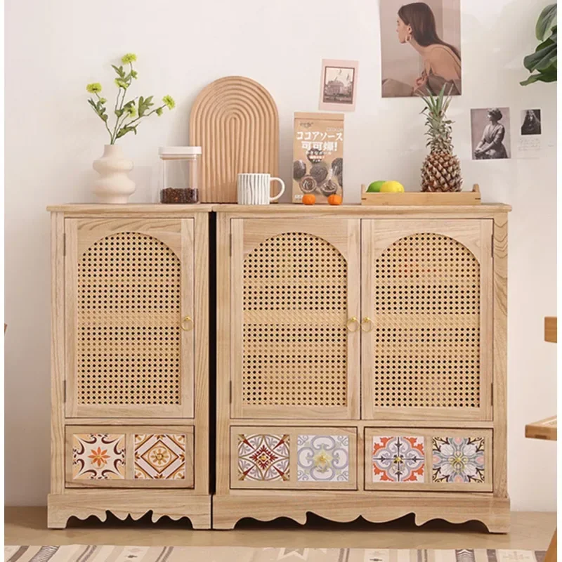 New Chinese Tea Cabinet Solid Wood Rattan Meal Side Cabinet Multi-function Storage Cabinet Multi-scene Applicable Home Furniture