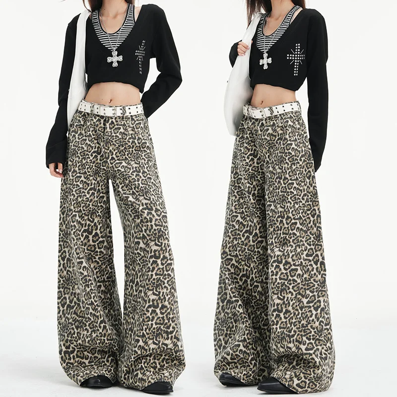 

Американские ретро-джинсы в стиле Y2K с белым леопардовым принтом, с высокой талией, модные, свободные, с характером, расклешенные женские джинсы