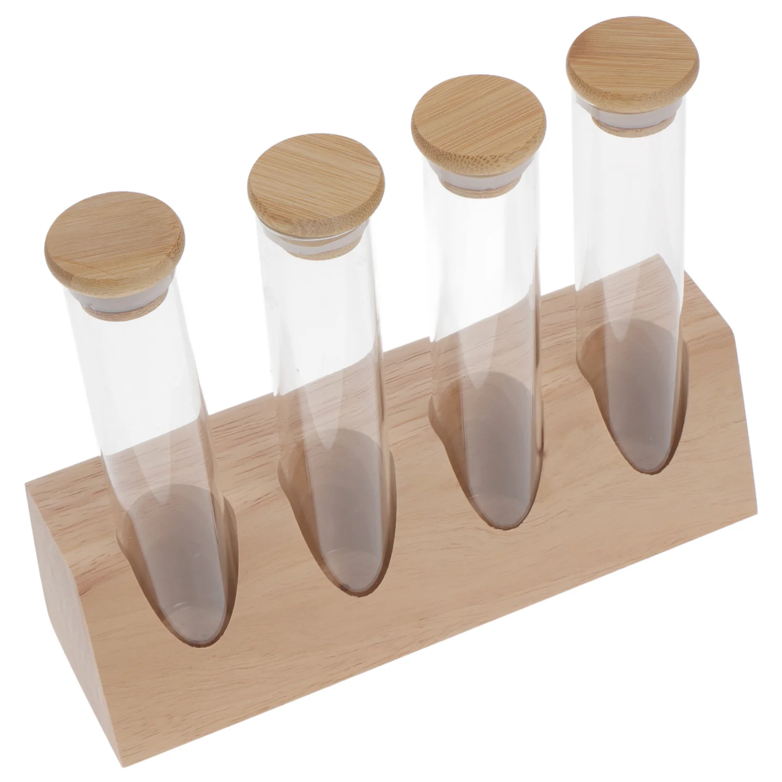 

4 Glass Storage Jars Coffee Bean Tubes Wooden Stand Airtight Containers Tea Canisters Spice Holder Display Rack Modern Kitchen
