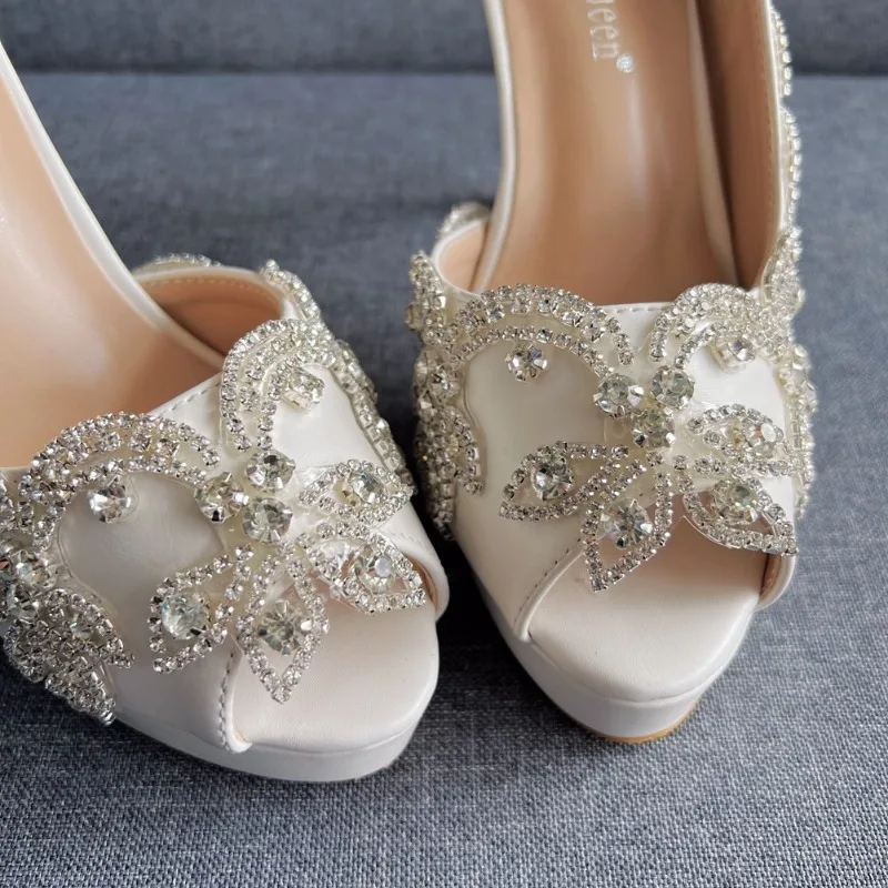 Women Office Lady Pumps Pointed Toe Rhinestone Slip-On PU 11CM Thin Heels Dress Sandals Japanese Style Women Shoes White