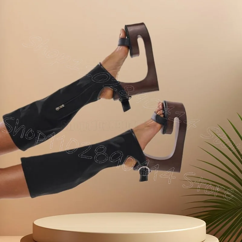 

Wooden Strange Style Heels Buckle Design Sandals Boots Side Zipper Women Shoes Open Toe Party Banquet 2026 Zapatos Para Mujere