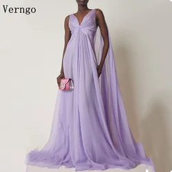Verngo Lavender Chiffon Prom Gowns Deep V Neck Sleeves A Line Formal Occason Dress Sweap Train Cape Evening Dress Customized