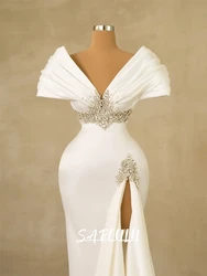 Crystals Embellished Satin Wedding Dress for Women Cap Sleeves Sheath Long Bride Dresses Side Slit Court Train Bridal Gown