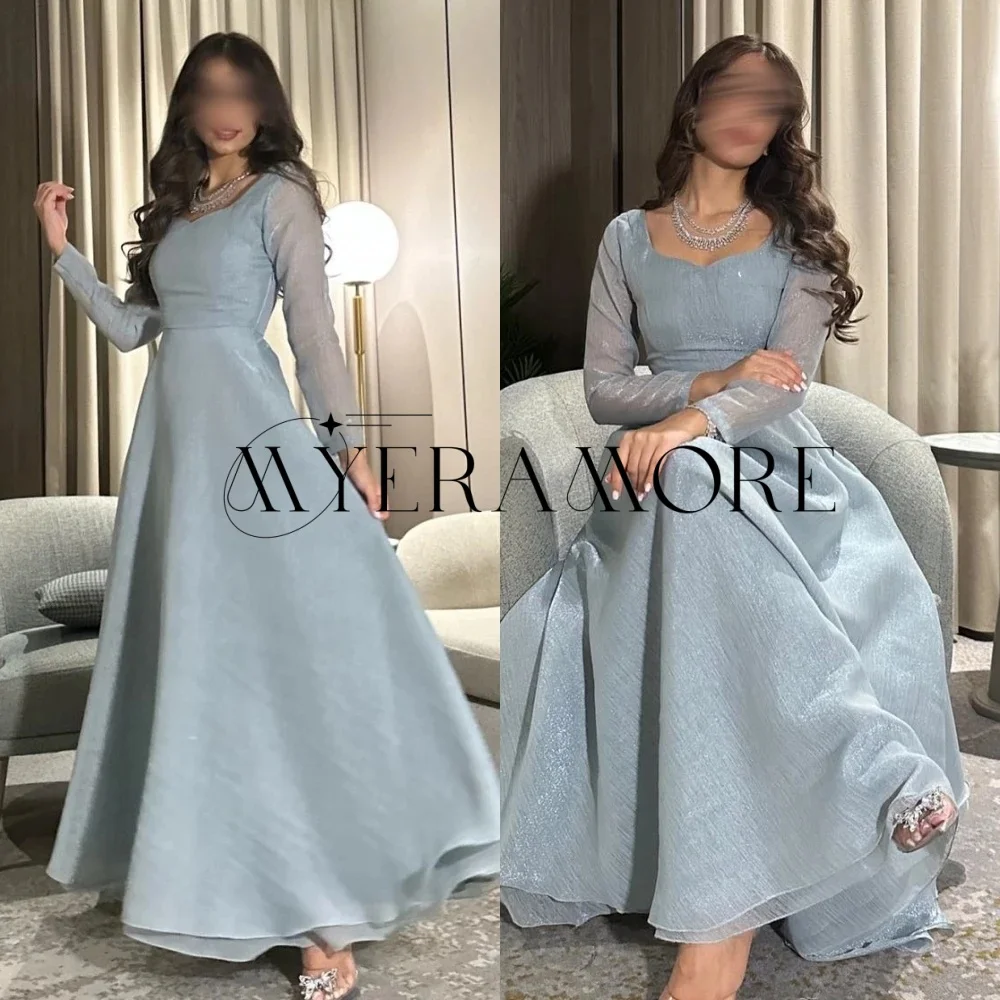 

Shiny Blue Square Neck Evening Dresses A-Line Long Sleeve Lace UP Prom Dresses Customized فساتين سهرة