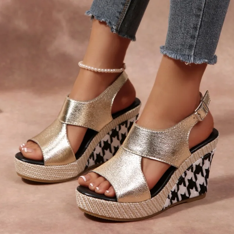 

Comfort Wedge Heel Back Strap Sandals Women Summer 2026 Designer Hollow Out Gold Sandals Woman's Platform Height Increase Shoes