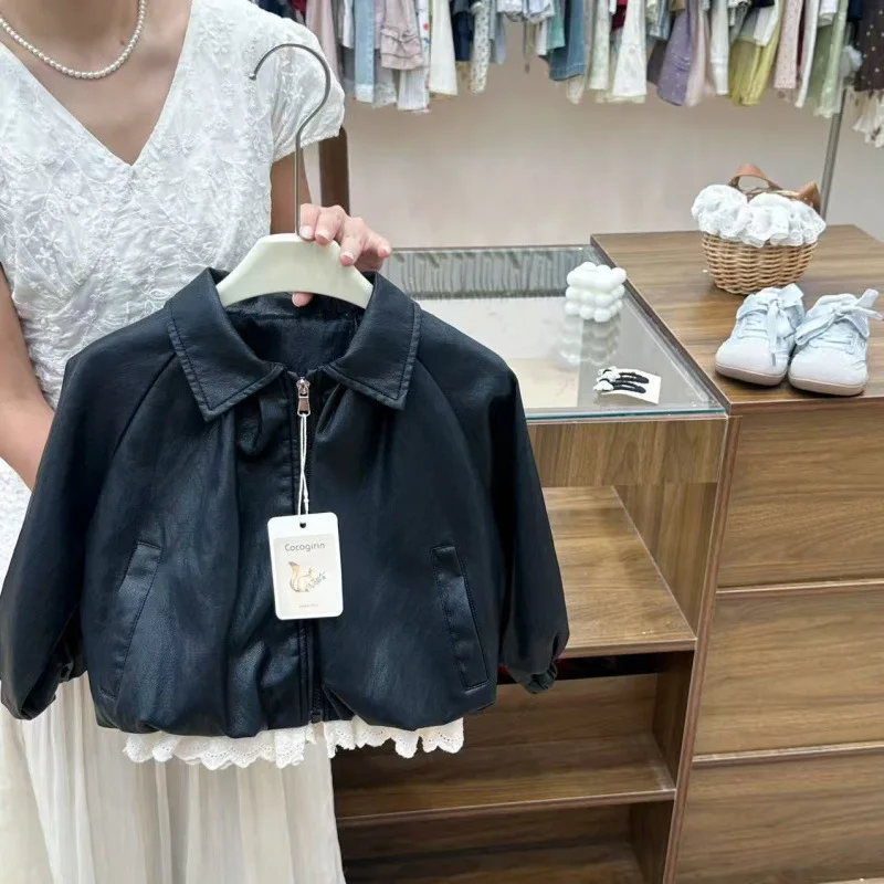Children's Clothing 2026 Spring and Autumn Fashionable Temperament for Children Forest Style Lace Patchwork Leather Jacket
