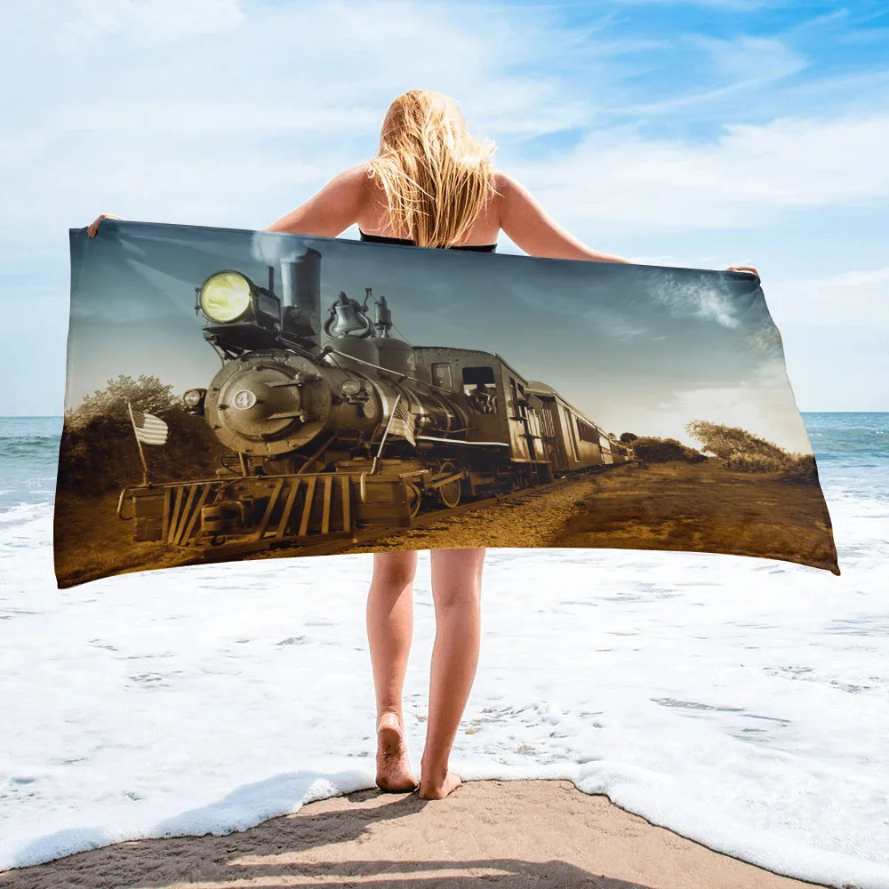 Train Retro Style Landscape Beach Towel Microfiber Absorbent Bath Towel Soft Quick Dry Beach Blanket Travel Sport Spa Swim Towel