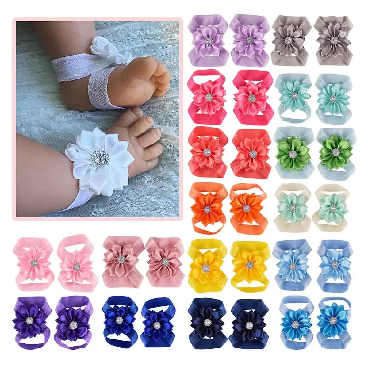 New 2pcs/pair Chic Satin Ribbon Flower Children Elastic Barefoot Sandals Baby Shower Gift Girls Newborn Toddler Kids Photo Props