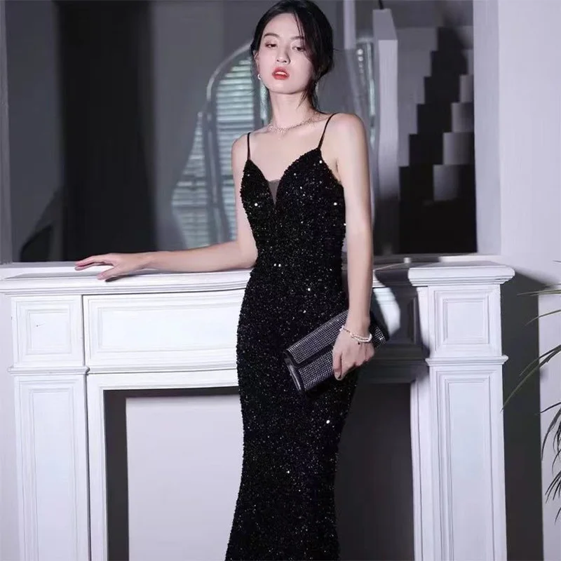 

2023 New Elegant Evening Dress Black Sequin V-neck Slim Mermaid Dress Light Luxury Banquet Female Slip Long Gowns