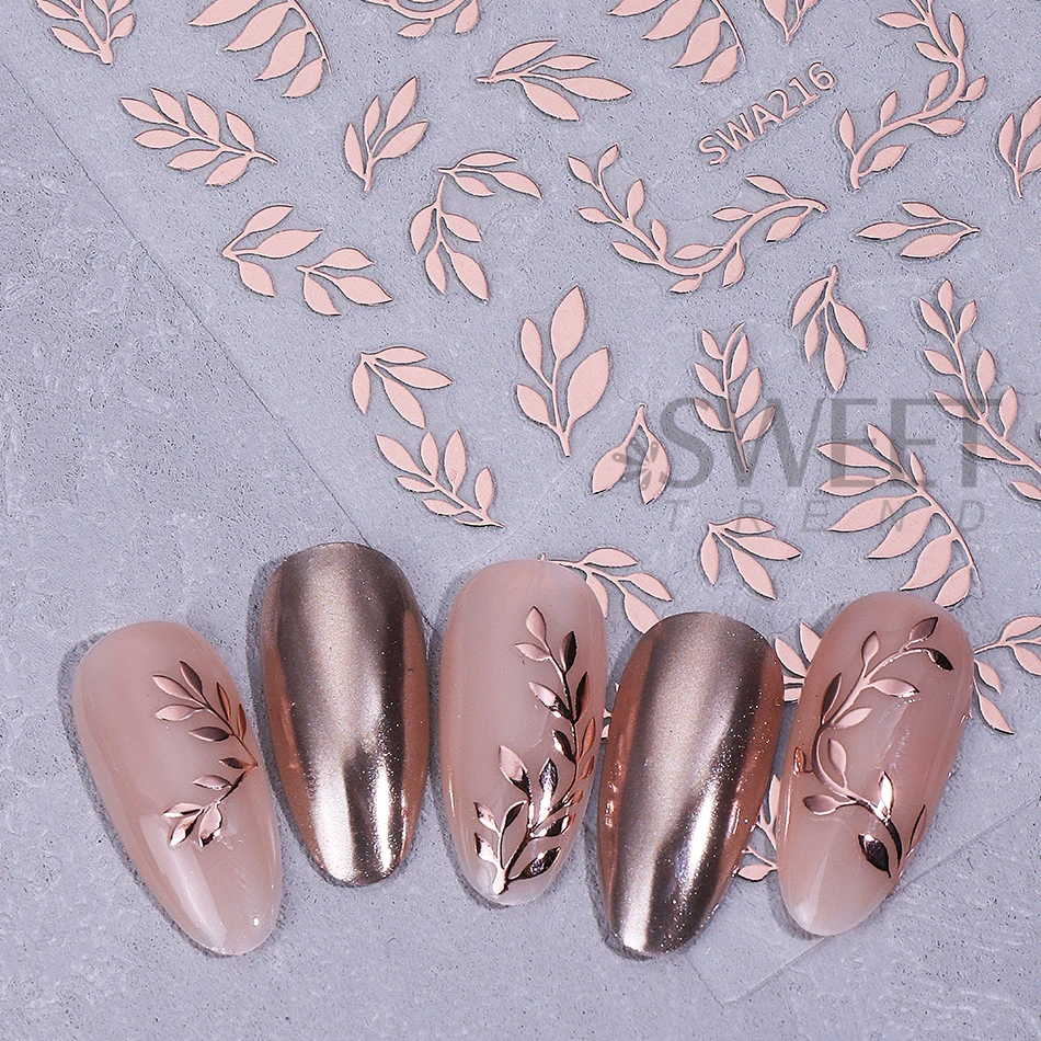 3 Stück Bronzefarbene Blätter Nagelkunst-Aufkleber Roségold Silber Blumen- und Blätterdesign Elegante Slider-Aufkleber DIY Sommer-Maniküre-Dekoration – Detail 8
