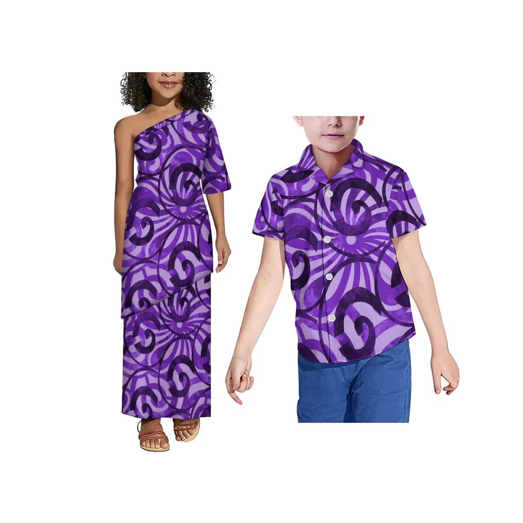 Venda quente atacado logotipo personalizado samoan crianças puletasi conjunto meninas vestido de ombro oblíquo vestido polinésio da criança crianças r