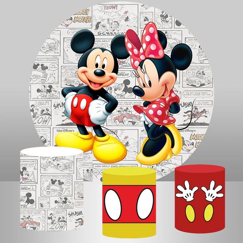 Disney-Fundo redondo dos desenhos animados para crianças, Mickey e Minnie, fundo do círculo dos desenhos animados, banner de mesa, tampas cilíndrica, festa de aniversário