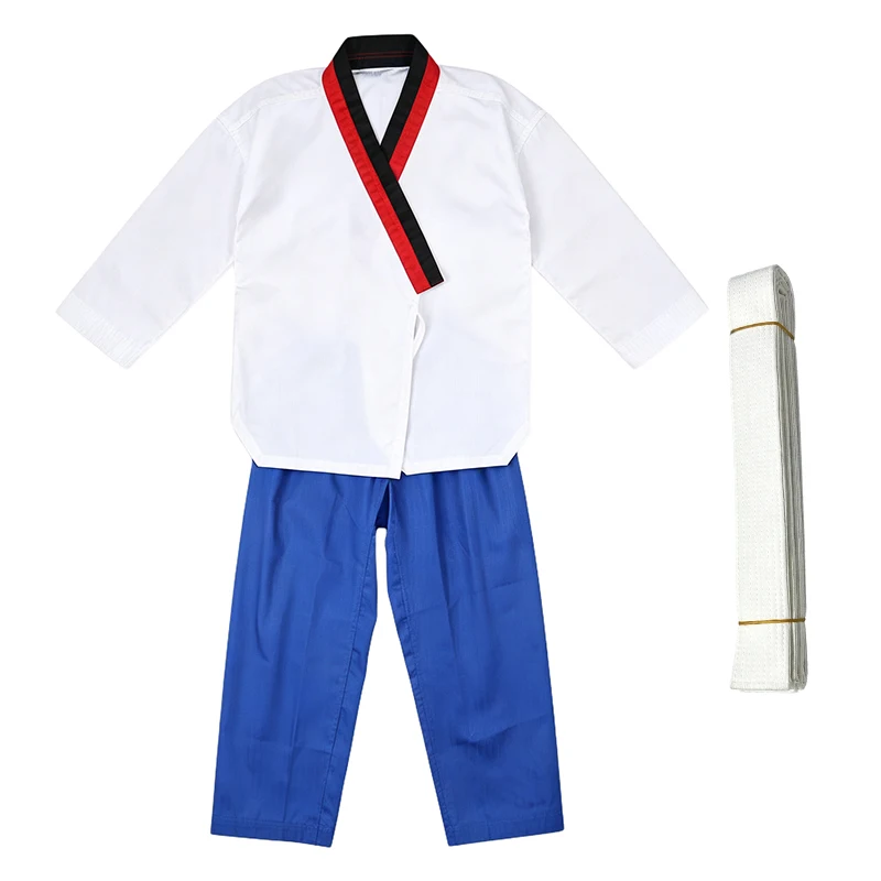 Martial Arts Poomsae Uniform Taekwondo Dobok Set with White Top Blue Pants White Belt for Taekwondo Training and Form Practice