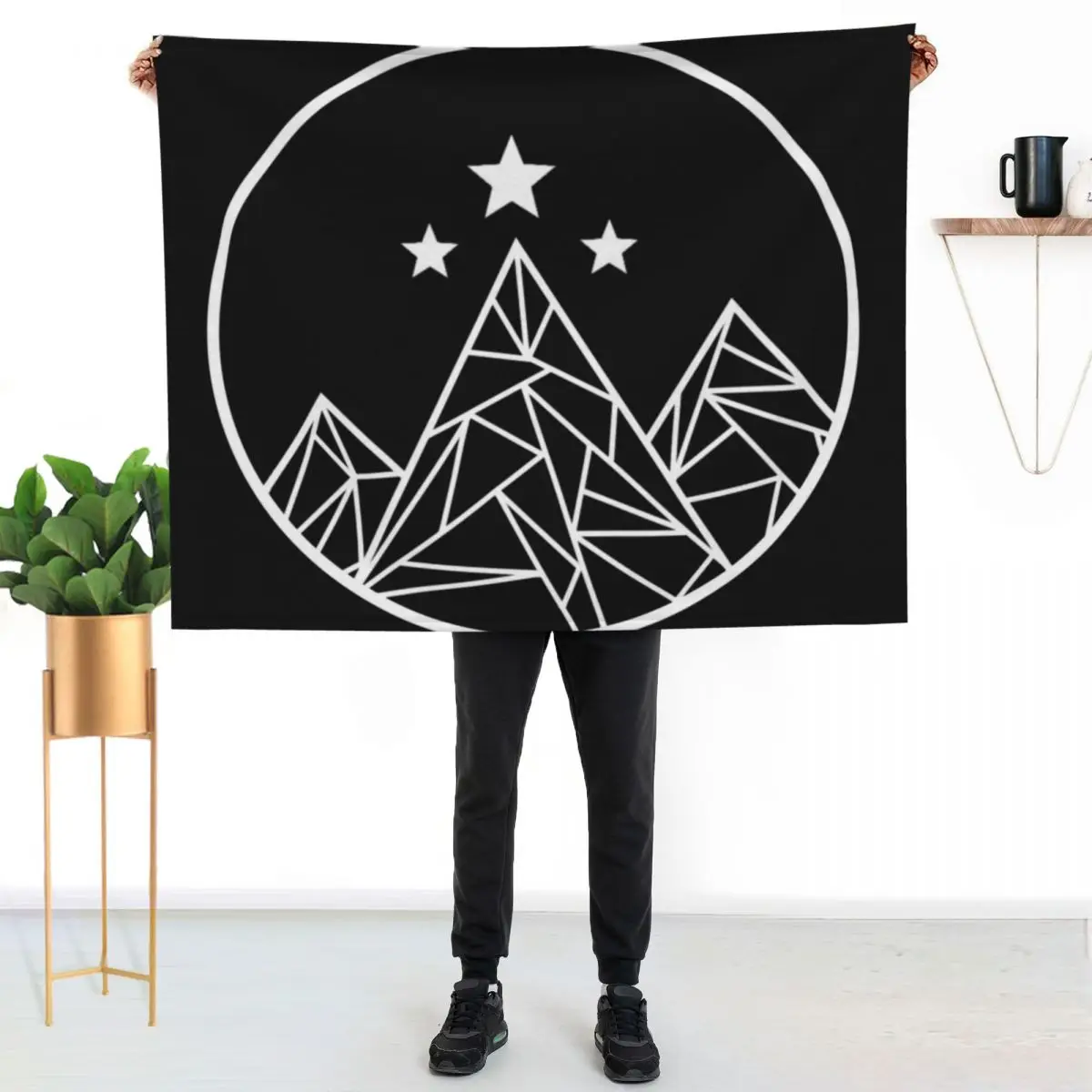 

Mountains and Stars - White Outline Throw Blanket Shaggy Furry Soft Blanket for Bedroom Living Room