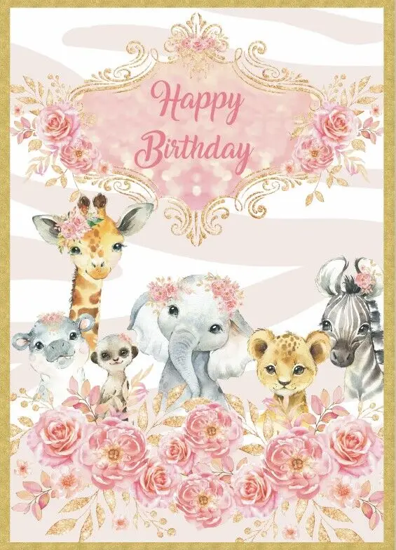 

5x7FT Pink Woodland Safari Wile Happy Birthday Custom Outdoor Weatherproof Photo Background Wrinkle Free Polyester Polycotton