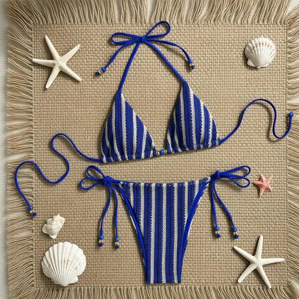 Breathable Swimwear Set 2pcs Bikini Set for Women Knitted Hollow Fabric Halter Bra with Chest Pad Lace-up Swimming Bottoms Beach