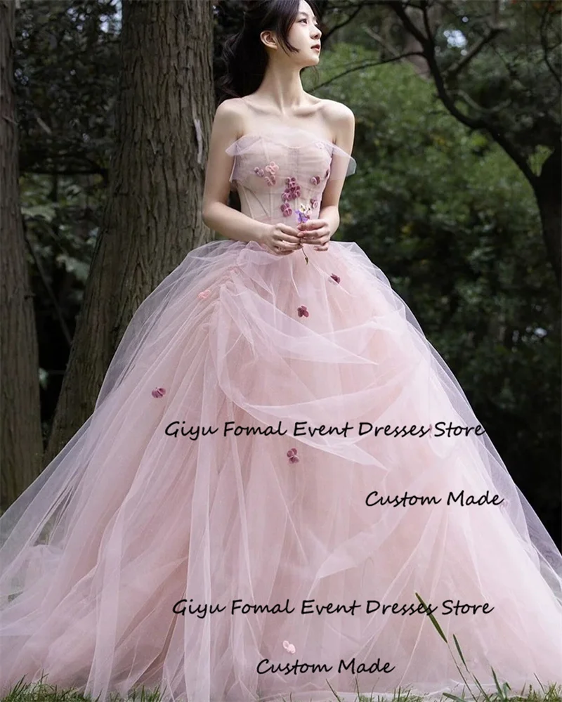 Giyu Elegant Warm Pink Soft Tulle Wedding Dresses Korea Strapless Flowers Princess Bridal Gowns Evening Party Corset Back