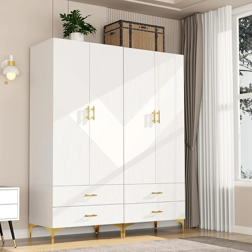 Wood White Wardrobe Closet with Drawers: 4 Doors - 4 Drawers and Armoire with Hanging 1 Rod - Cabinet Handle with Metal Legs