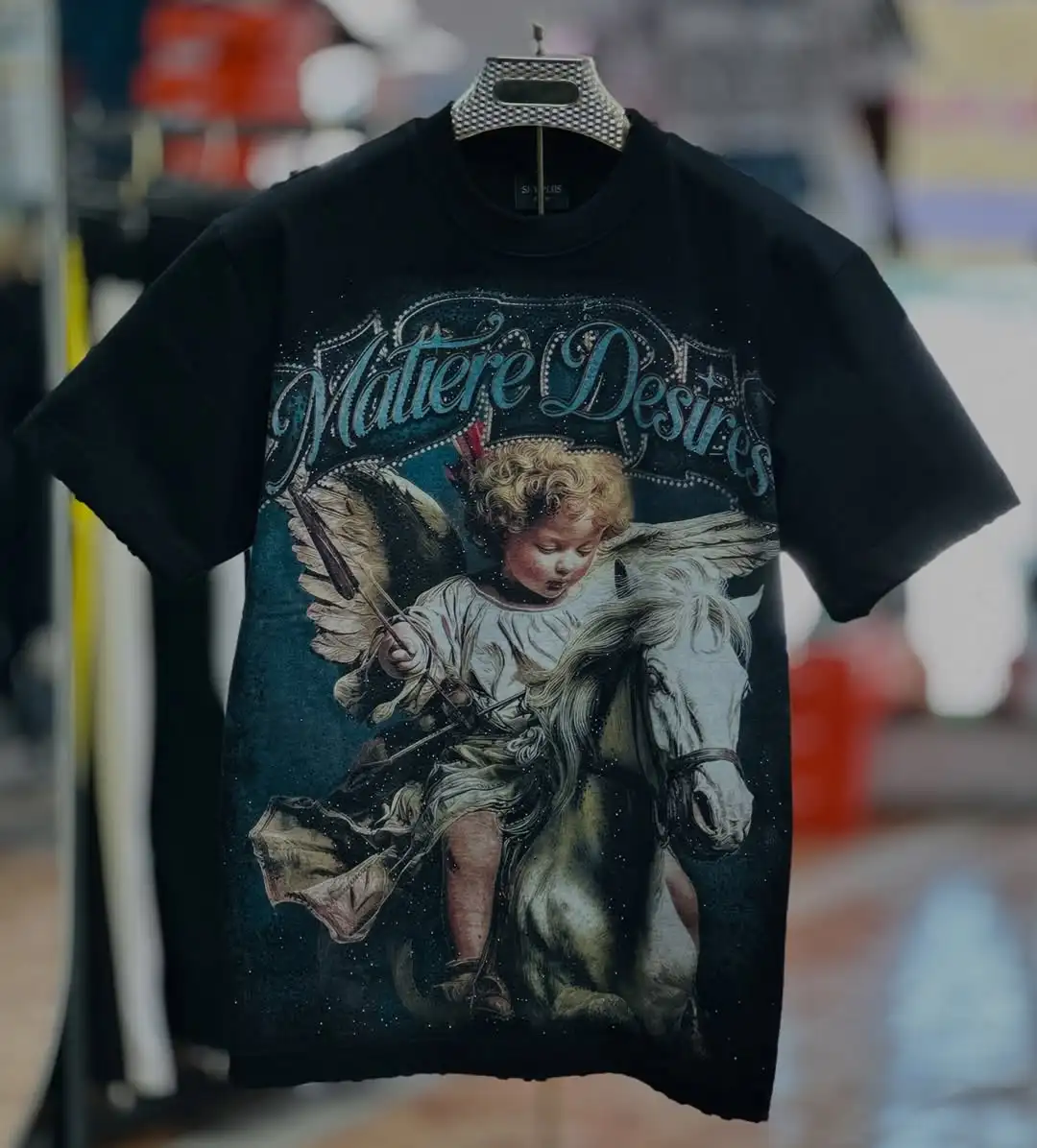 

Men's retro angel horse print T-shirt Gothic T-shirt casual street wear black short sleeved top