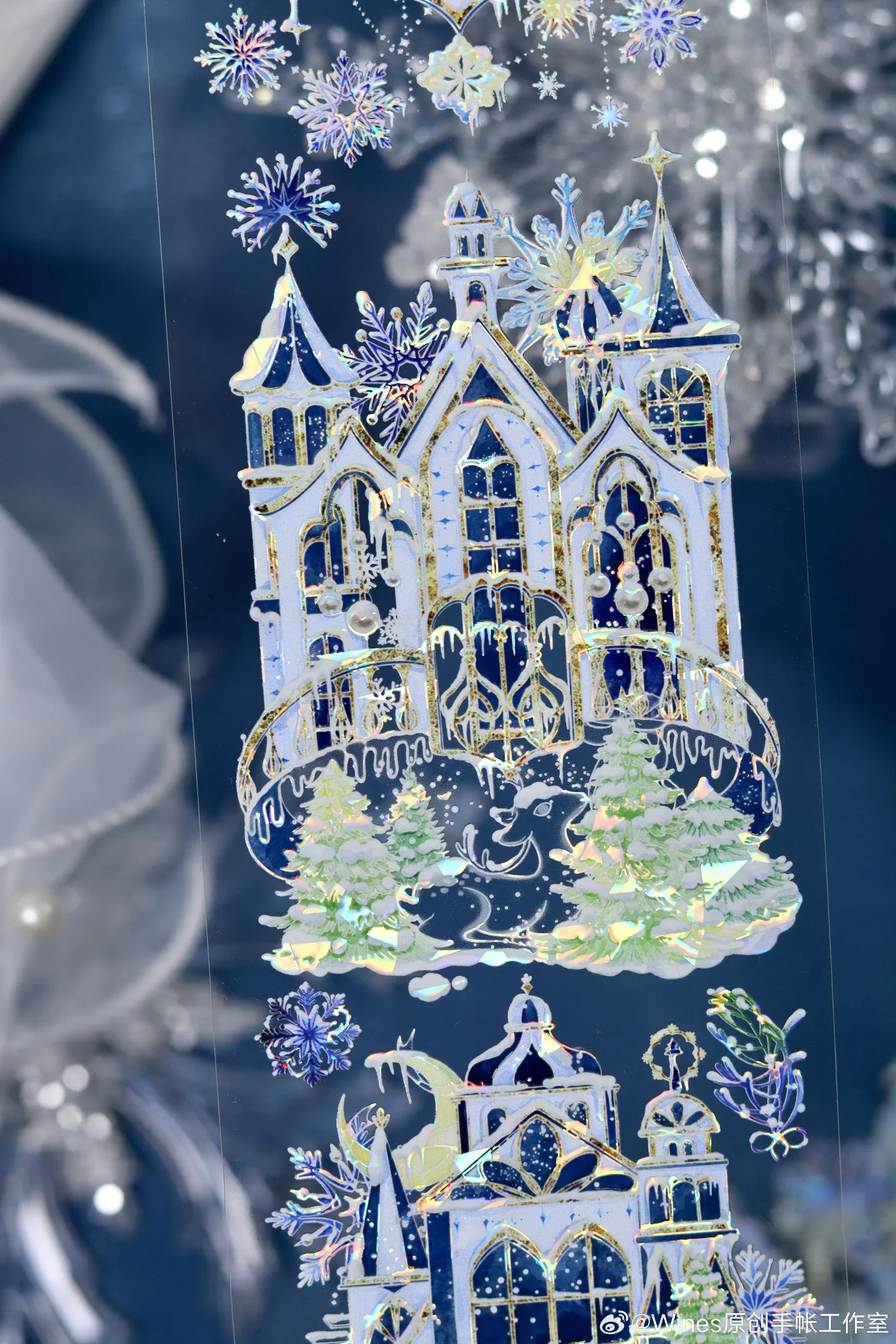 

Winter Landscape Shiny Washi Pet Tape Blue-and-white Snowy Night Castle Background,