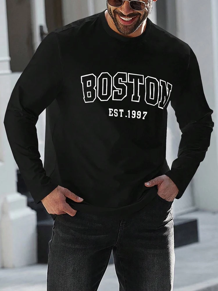 2025 New 3D Boston Print Men's Fashion Long-Sleeved T-Shirt Gym Men's Sport T-Shirt Autumn And Winter Men's Warm Top