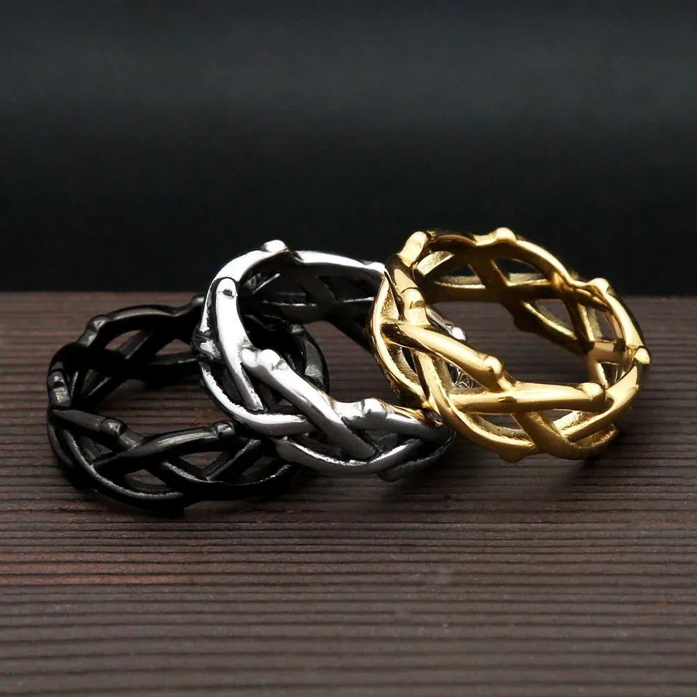 Vintage Hollow Thorn Vine Branch Ring Stainless Steel Three Color Twisted Woven Finger Ring For Men Women Couple Fashion Jewelry