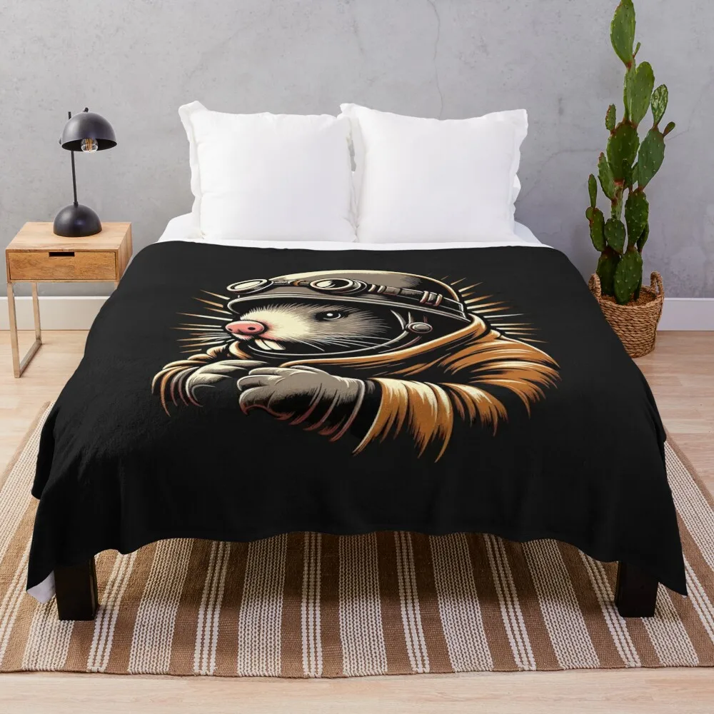 raccon Adventurous Aviator intrepid explorer or pilot. Throw Blanket Bed Summer Blankets