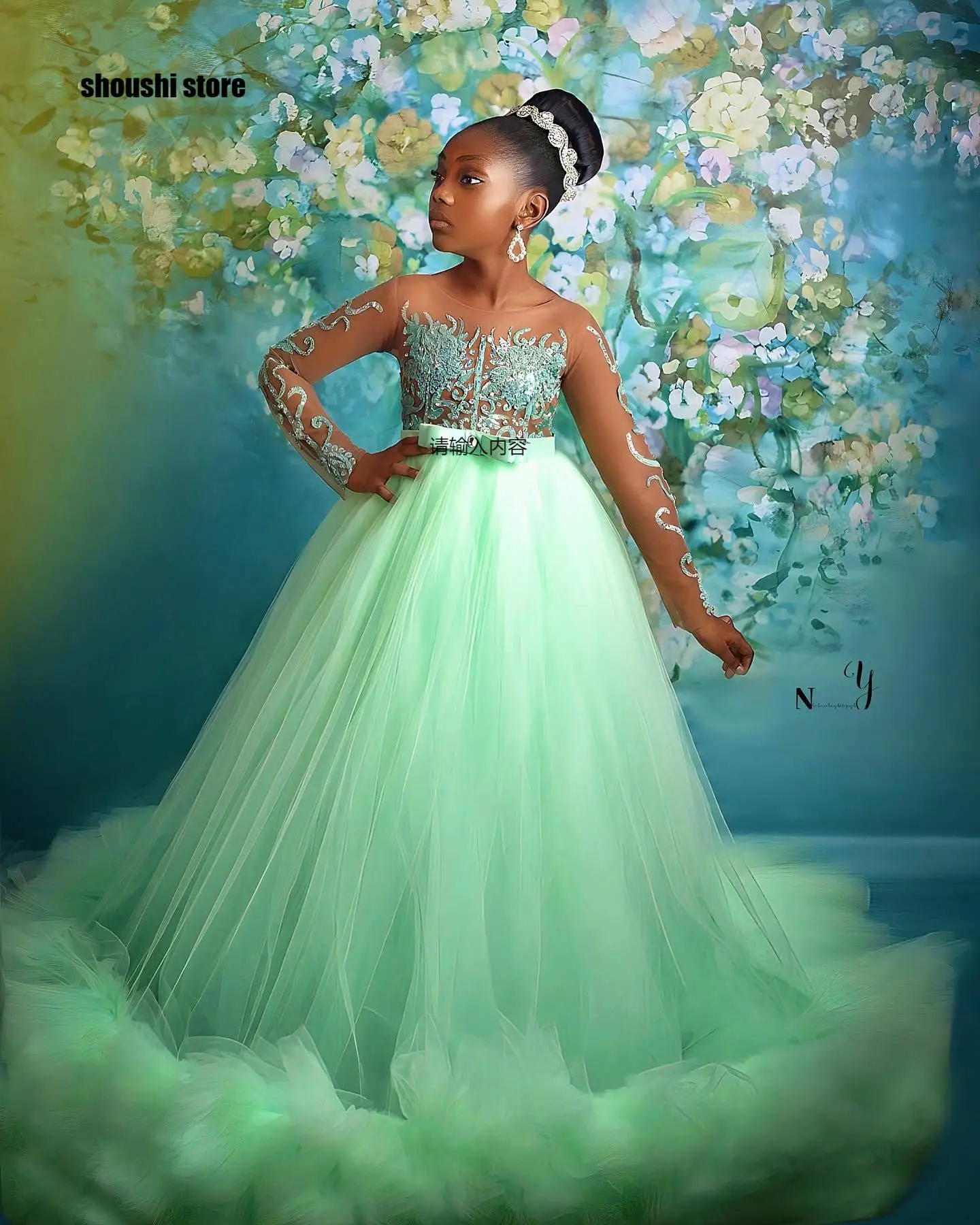 

Элегантные зеленые пышные платья по индивидуальному заказу, детские платья на день рождения с длинными рукавами и пышными многоуровневыми оборками, платья для фотосессии для девочек