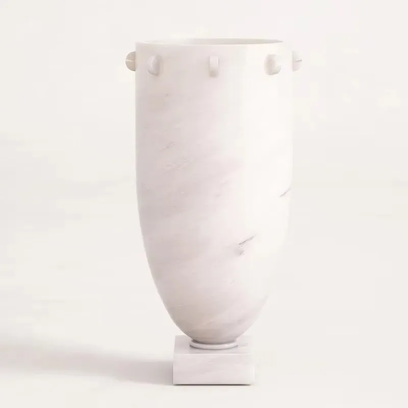 White Natural Marble Side Table with Vase Sculpture and Studs Square Base Decorative Table for Dream Home Decoration
