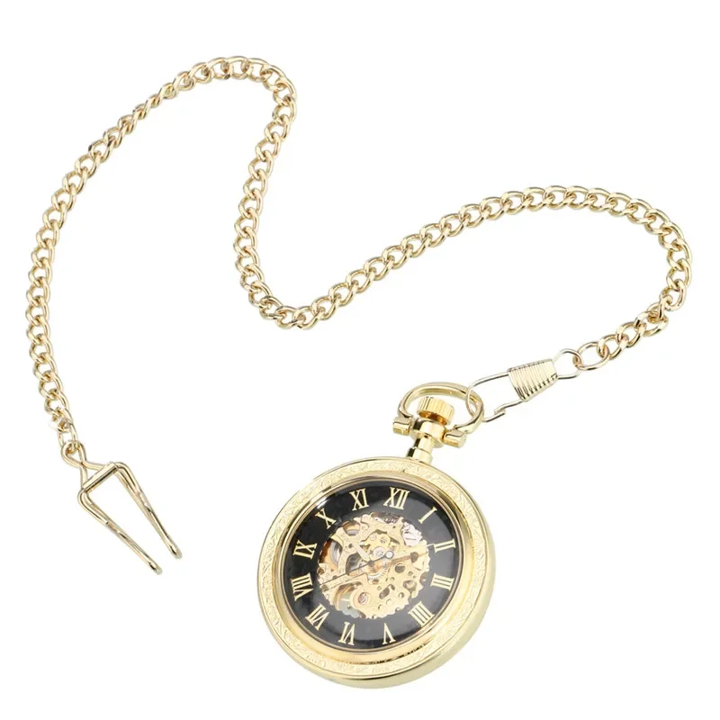 Luxury Yellow Golden Pocket Watch Roman Number Display Mechanical Automatic Clock for Men Fob Chain Watches Collectable Reloj
