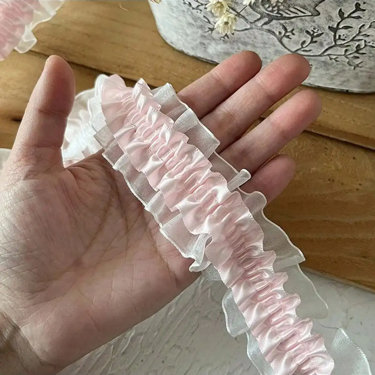 39.37 inch/100 cm DIY Handmade Decorations, Double Layer Elastic Lace Ruffled Elastic Webbing, Garment Accessory Lace Trimming, Ruffled Ribbon for Wedding Bouquet Decoration