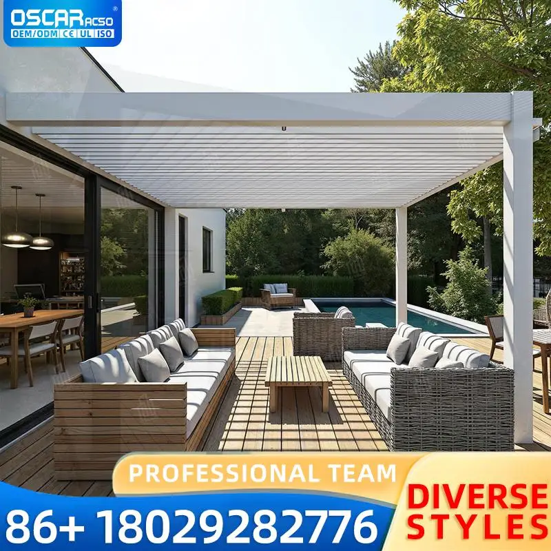

Изготовленное на заказ алюминиевое солнцезащитное укрытие с жалюзи, биоклиматическая пергола, дизайн с деревянной пластиковой рамой из сплава, открытый двор, сад, патио, использование перга