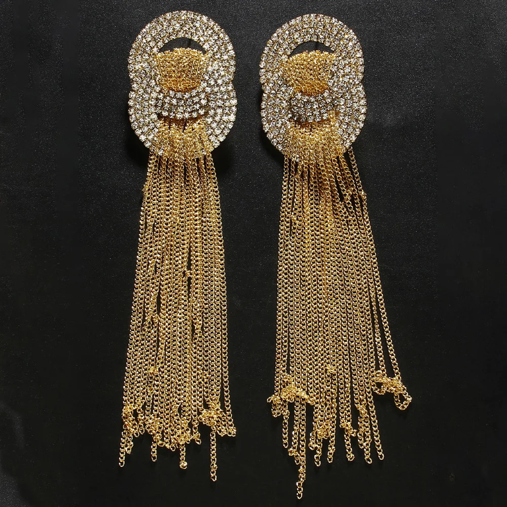 Stonefans Statement Metal Chain Long Tassel Earrings Jewelry for Women 2024 Oversize Rhinestone Round Earrings Double Circle