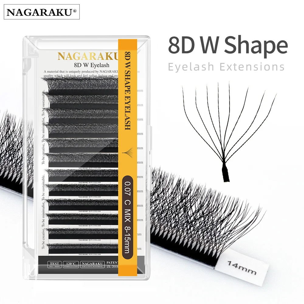 Нараучные ресницы NAGARAKU 8D W-образной формы, большие пучки, готовые пучки для наращивания, упаковка в коробках, косметические ресницы для глаз