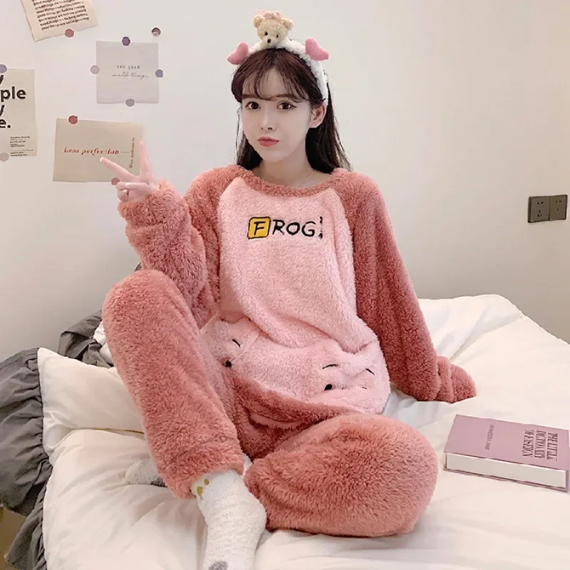 Женские зимние пижамы больших размеров 100 кг, пуловер из кораллового флиса с милым рисунком, брюки, мягкая фланелевая домашняя одежда, которую можно носить на улице