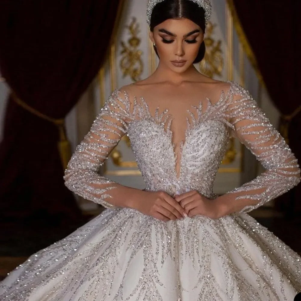 Customised Luxury Ball Gown Beading Long Sleeve Wedding Dress Applique Lace Bridal Gowns Vestidos De Novia