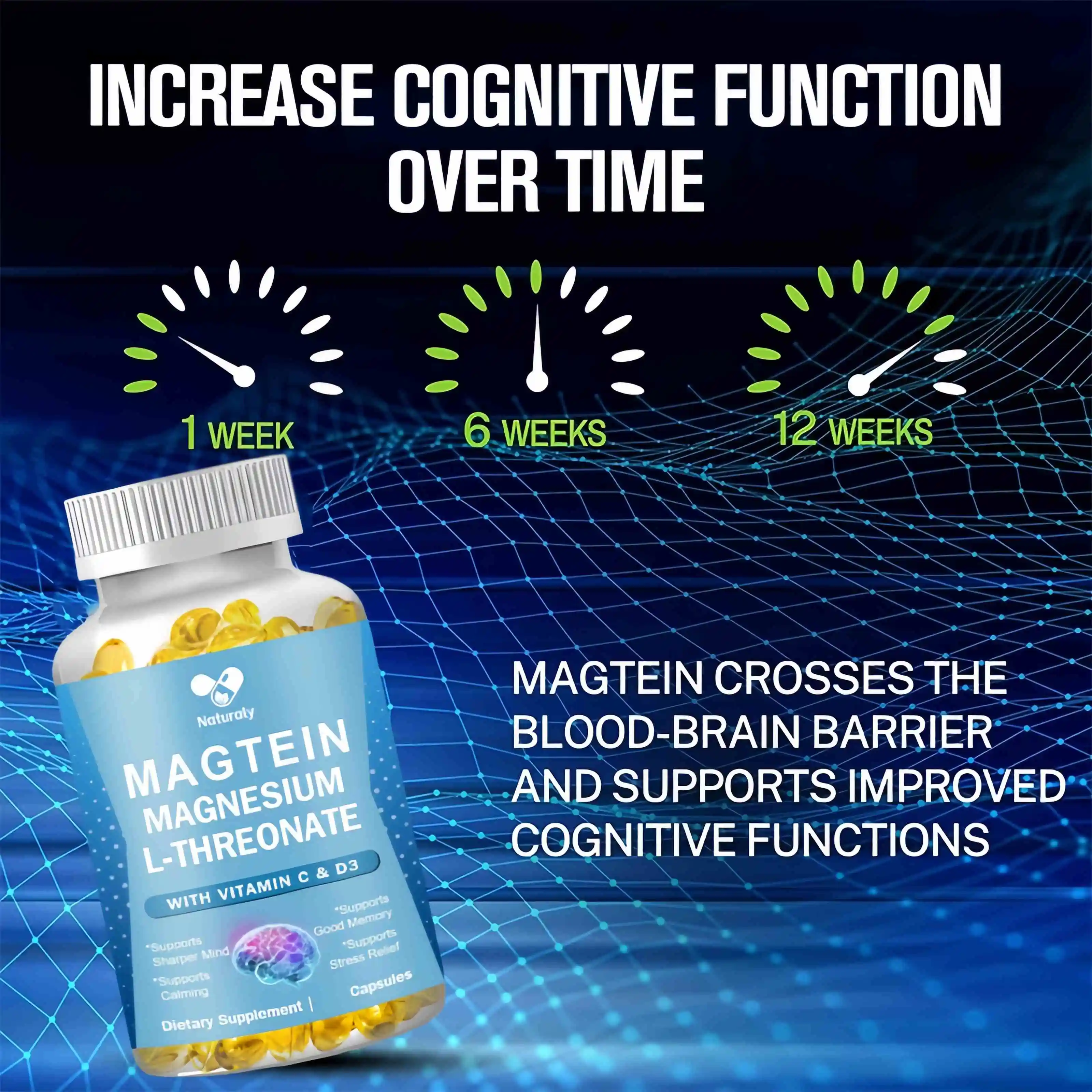 Magnesium L-Threonate (Magtein) - Boosts Brain Health, Memory & Focus, Sleep & Recovery, Reduces Fatigue 120 Capsules