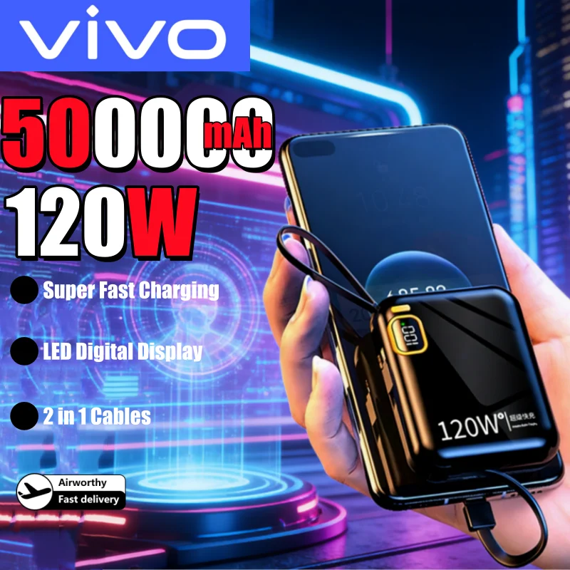 

Портативный внешний аккумулятор VIVO 500000 мАч, мини-повербанк с быстрой зарядкой 120 Вт, 2-в-1 кабели для iPhone, Samsung, HUAWEI