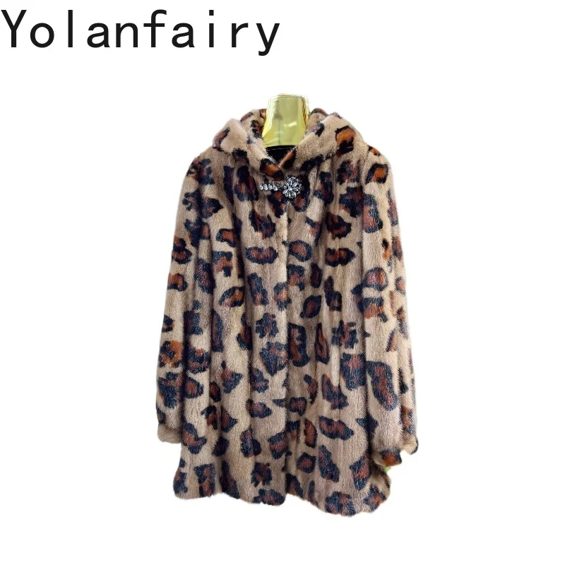 YOLANFAIRY معاطف فرو المنك الحقيقي للمرأة شتاء 2025 موضة ليوبارد معطف الفرو الطبيعي المرأة مقنعين منتصف طول سترة الفراء الدافئة
