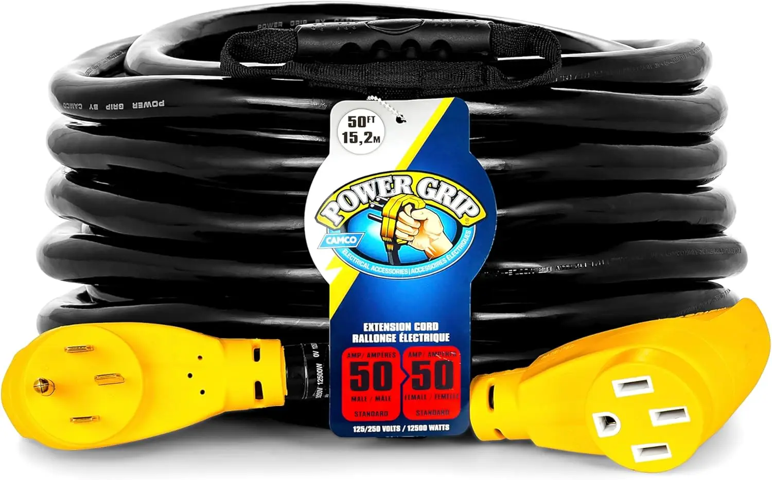 50-Ft 50 Amp RV Extension Cord - Rated for 125/250 V/12,500 W - Features Copper 6/3 + 8/1-Gauge Wires