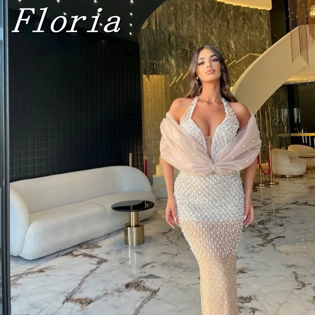

Luxury Pearls Evening Dresses Sexy Halter Formal Occasion Dress Birthday Party Night Gowns Vestidos De Cóctel Customized